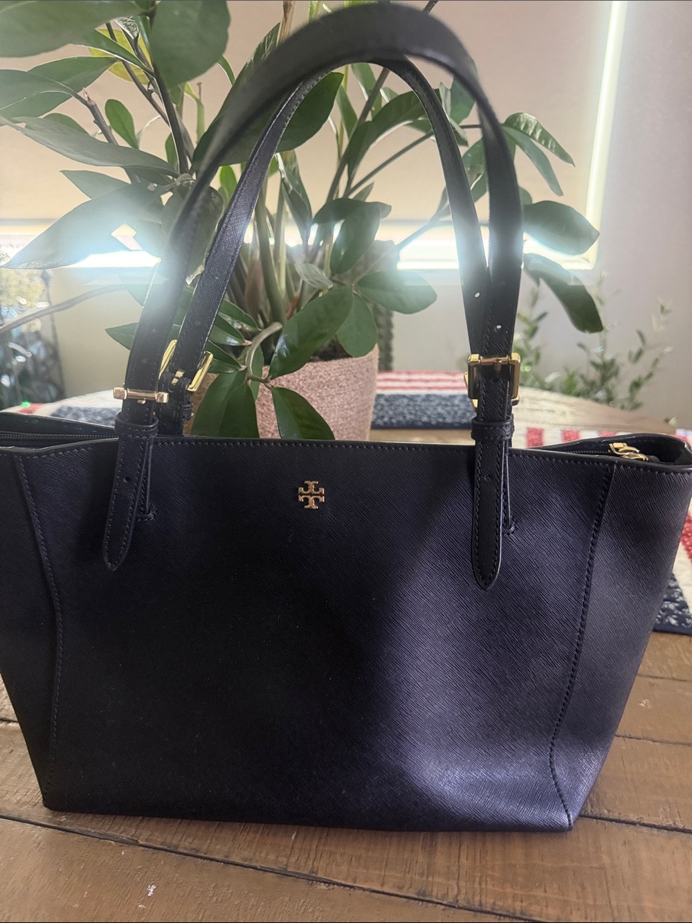 Tory Burch Black Leather Double-Handle Tote with Gold Logo